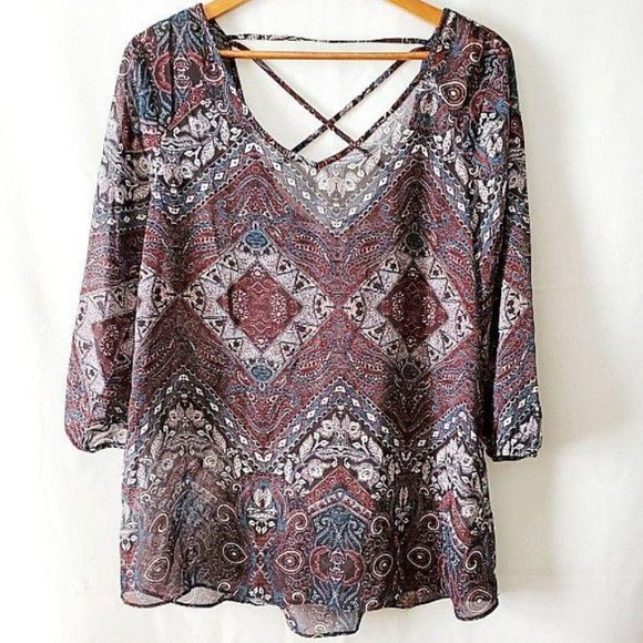 Maurices Women’s 3/4 Sleeve Lattice Back Tunic Blouse Burgundy/Teal Size Large - Picture 3 of 14